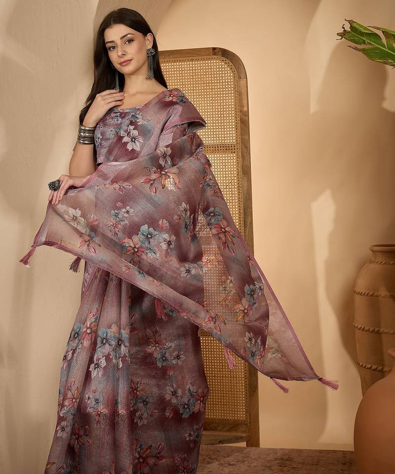 Dusty pink linen zari digital print saree with belt floral print zari border designer festive saree