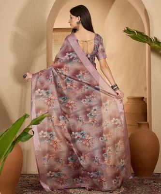 Dusty pink linen zari digital print saree with belt floral print zari border designer festive saree 5