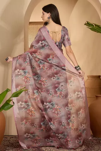 Dusty pink linen zari digital print saree with belt floral print zari border designer festive saree