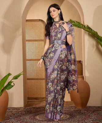 Purple linen zari digital print saree with belt floral print fancy zari border festive wear saree 1