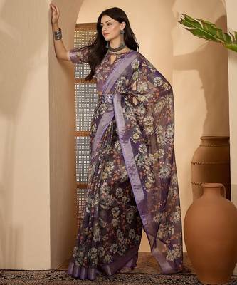Purple linen zari digital print saree with belt floral print fancy zari border festive wear saree 2