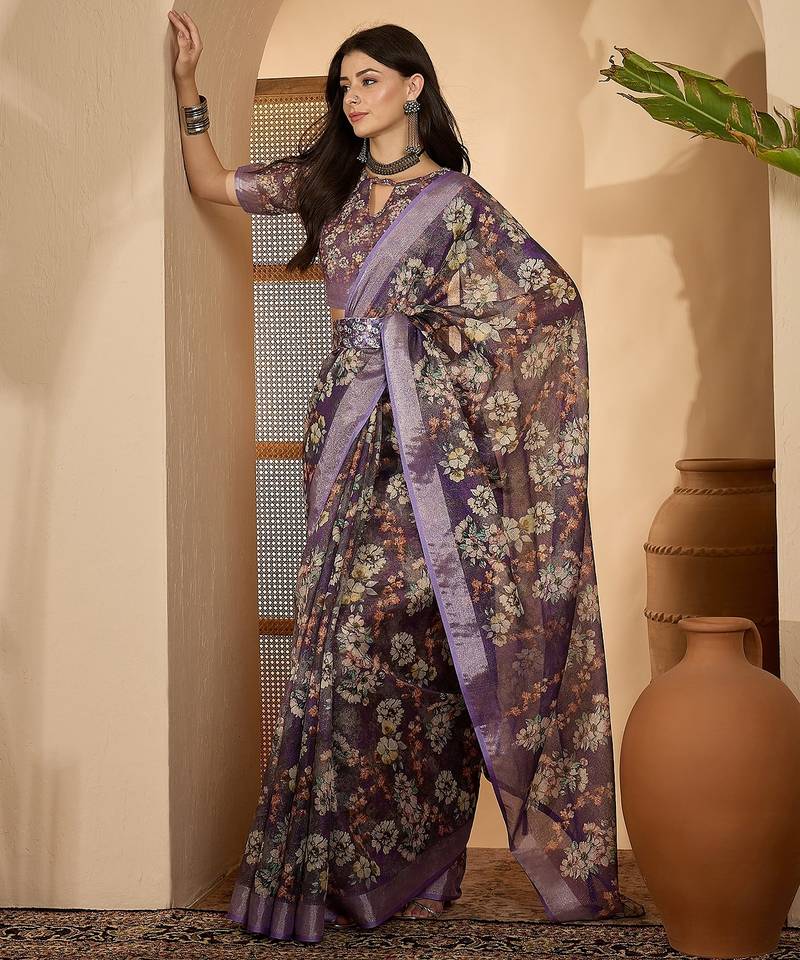 Purple linen zari digital print saree with belt floral print fancy zari border festive wear saree