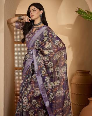 Purple linen zari digital print saree with belt floral print fancy zari border festive wear saree 3