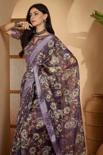 Purple linen zari digital print saree with belt floral print fancy zari border festive wear saree