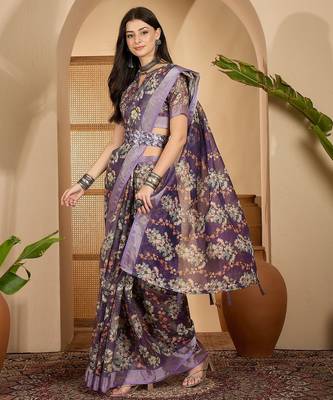 Purple linen zari digital print saree with belt floral print fancy zari border festive wear saree 4
