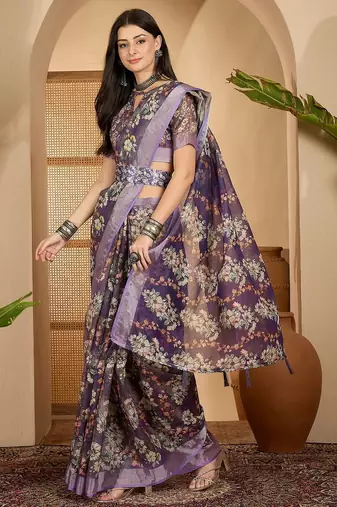 Purple linen zari digital print saree with belt floral print fancy zari border festive wear saree