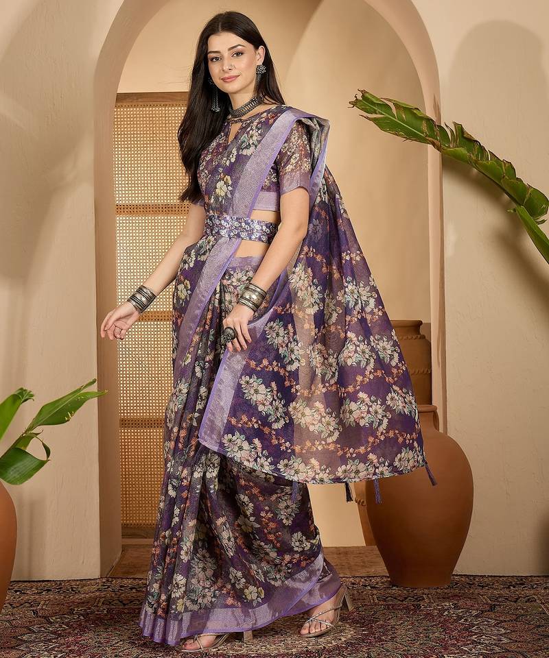 Purple linen zari digital print saree with belt floral print fancy zari border festive wear saree