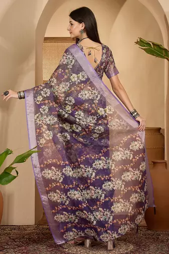 Purple linen zari digital print saree with belt floral print fancy zari border festive wear saree