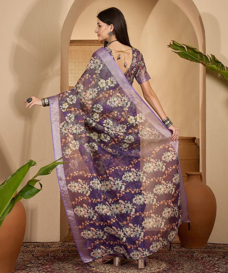 Purple linen zari digital print saree with belt floral print fancy zari border festive wear saree