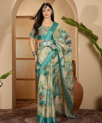 Teal marble print linen zari saree with belt fancy digital print zari border festive wear saree 1
