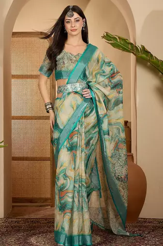 Teal marble print linen zari saree with belt fancy digital print zari border festive wear saree