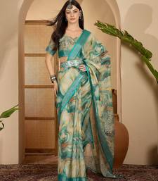 Teal marble print linen zari saree with belt fancy digital print zari border festive wear saree