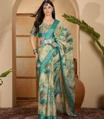 Teal marble print linen zari saree with belt fancy digital print zari border festive wear saree