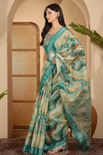 Teal marble print linen zari saree with belt fancy digital print zari border festive wear saree