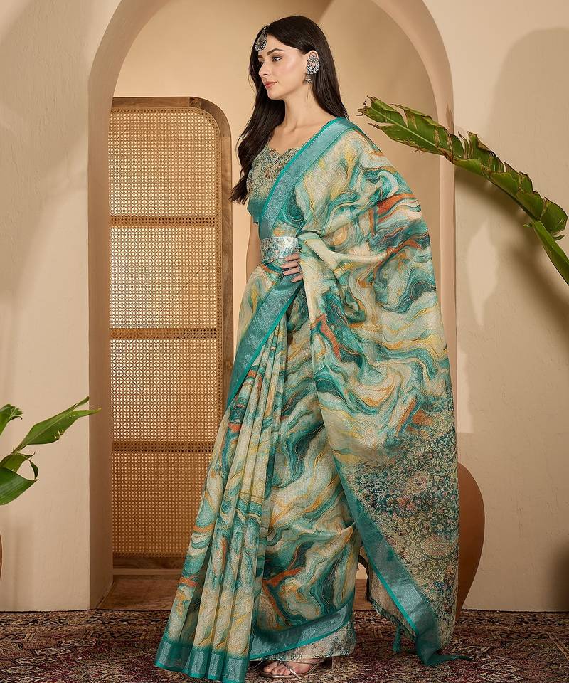 Teal marble print linen zari saree with belt fancy digital print zari border festive wear saree