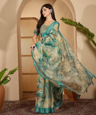 Teal marble print linen zari saree with belt fancy digital print zari border festive wear saree 3
