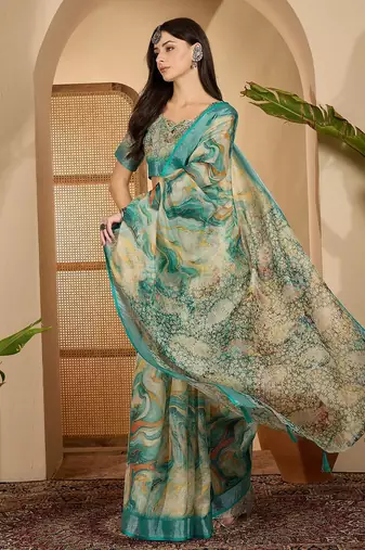Teal marble print linen zari saree with belt fancy digital print zari border festive wear saree