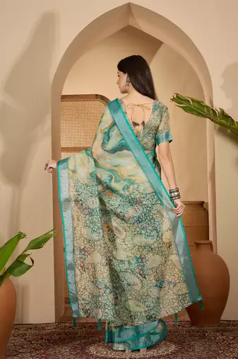 Teal marble print linen zari saree with belt fancy digital print zari border festive wear saree