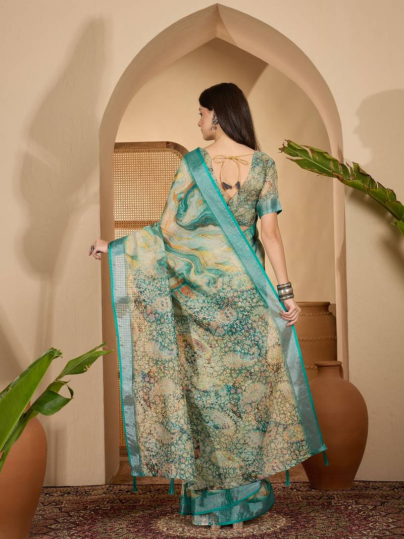 Teal marble print linen zari saree with belt fancy digital print zari border festive wear saree