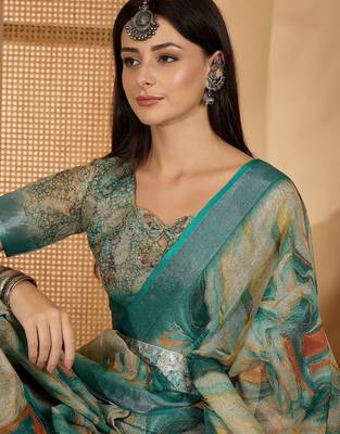 Teal marble print linen zari saree with belt fancy digital print zari border festive wear saree 5