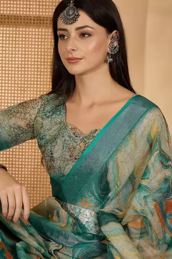 Teal marble print linen zari saree with belt fancy digital print zari border festive wear saree