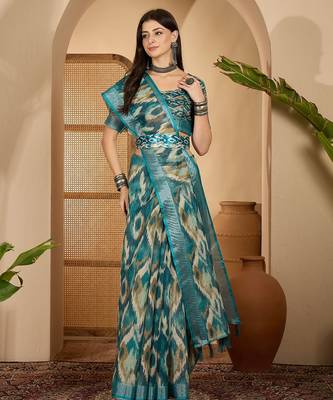 Teal ikat print linen zari saree with belt digital print zari border festive party wear saree 1