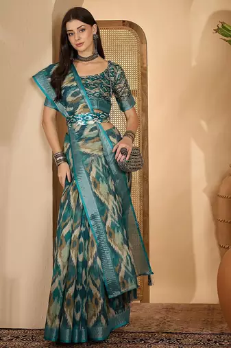 Teal ikat print linen zari saree with belt digital print zari border festive party wear saree