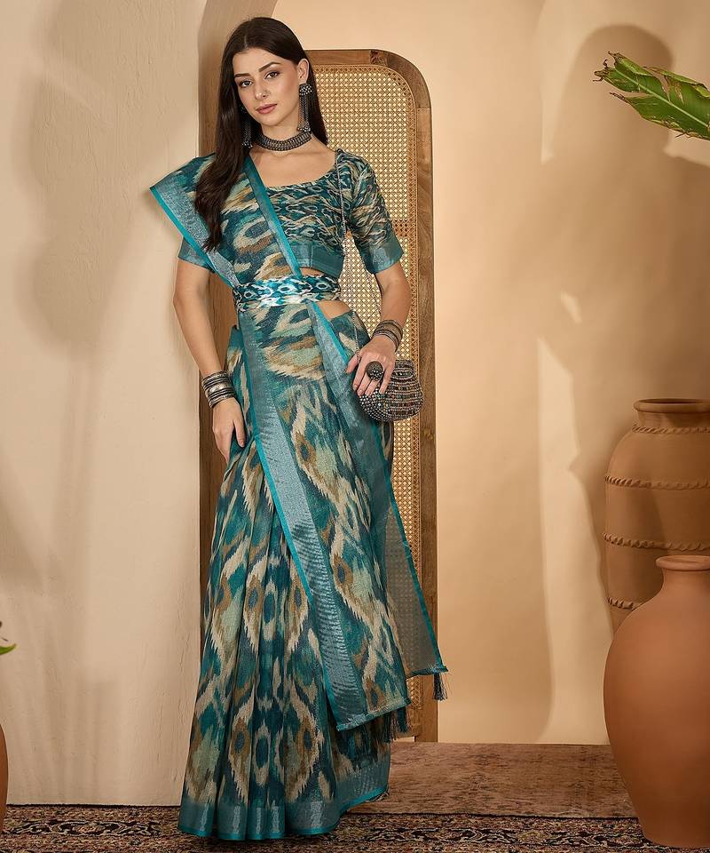Teal ikat print linen zari saree with belt digital print zari border festive party wear saree