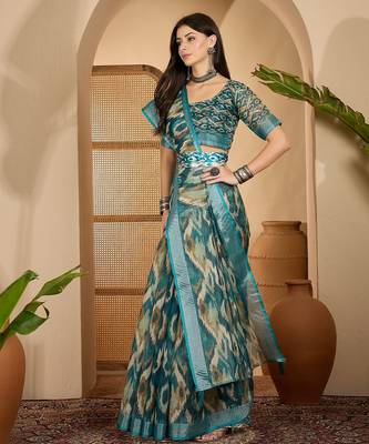 Teal ikat print linen zari saree with belt digital print zari border festive party wear saree 3
