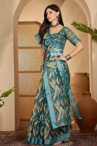 Teal ikat print linen zari saree with belt digital print zari border festive party wear saree