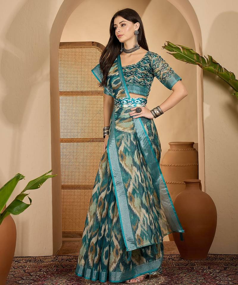Teal ikat print linen zari saree with belt digital print zari border festive party wear saree