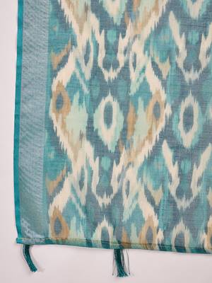 Teal ikat print linen zari saree with belt digital print zari border festive party wear saree 4