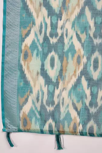 Teal ikat print linen zari saree with belt digital print zari border festive party wear saree