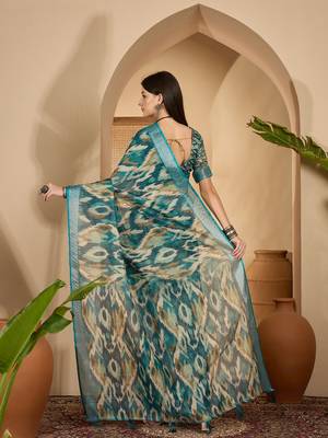 Teal ikat print linen zari saree with belt digital print zari border festive party wear saree 5