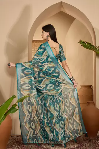 Teal ikat print linen zari saree with belt digital print zari border festive party wear saree