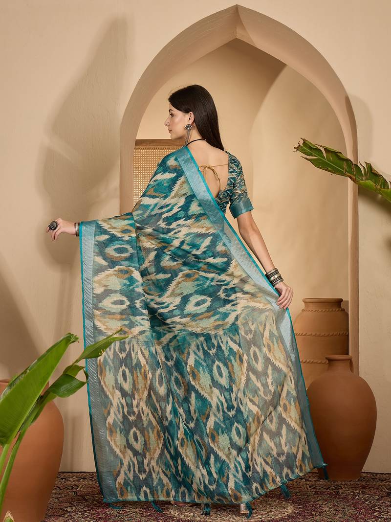 Teal ikat print linen zari saree with belt digital print zari border festive party wear saree