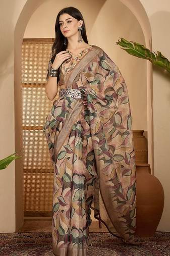 Beige leaf print linen zari saree with belt fancy digital print zari border festive casual saree