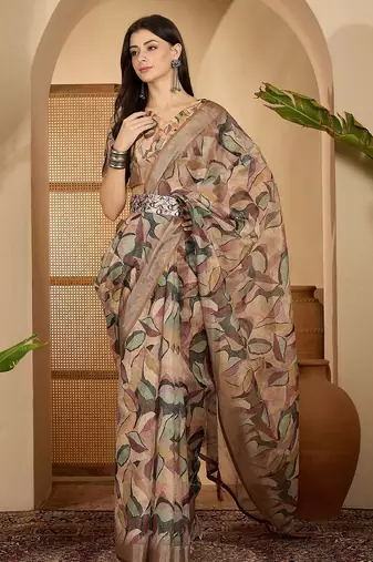 Beige leaf print linen zari saree with belt fancy digital print zari border festive casual saree