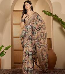 Beige leaf print linen zari saree with belt fancy digital print zari border festive casual saree