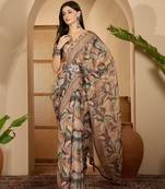 Beige leaf print linen zari saree with belt fancy digital print zari border festive casual saree