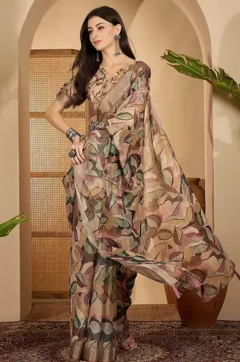 Beige leaf print linen zari saree with belt fancy digital print zari border festive casual saree