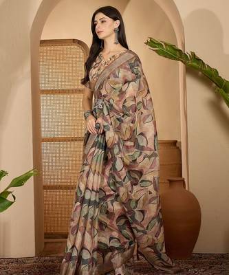 Beige leaf print linen zari saree with belt fancy digital print zari border festive casual saree 3