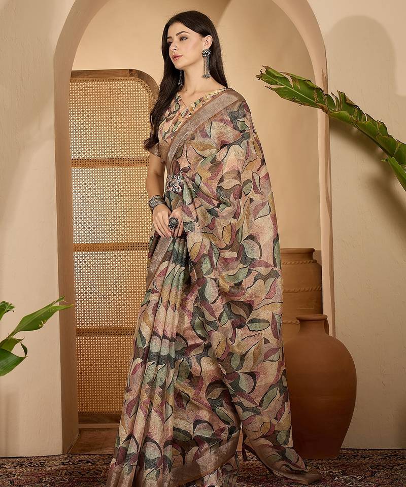 Beige leaf print linen zari saree with belt fancy digital print zari border festive casual saree
