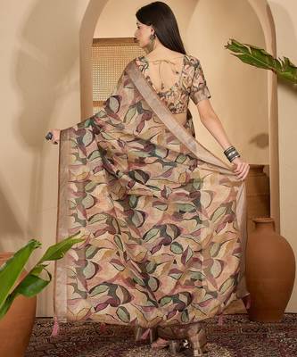 Beige leaf print linen zari saree with belt fancy digital print zari border festive casual saree 4