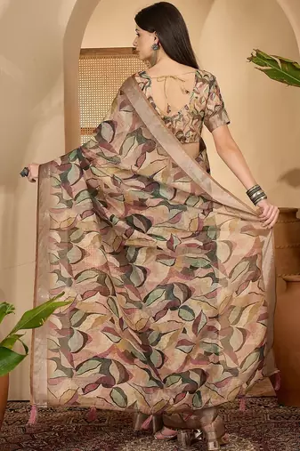 Beige leaf print linen zari saree with belt fancy digital print zari border festive casual saree