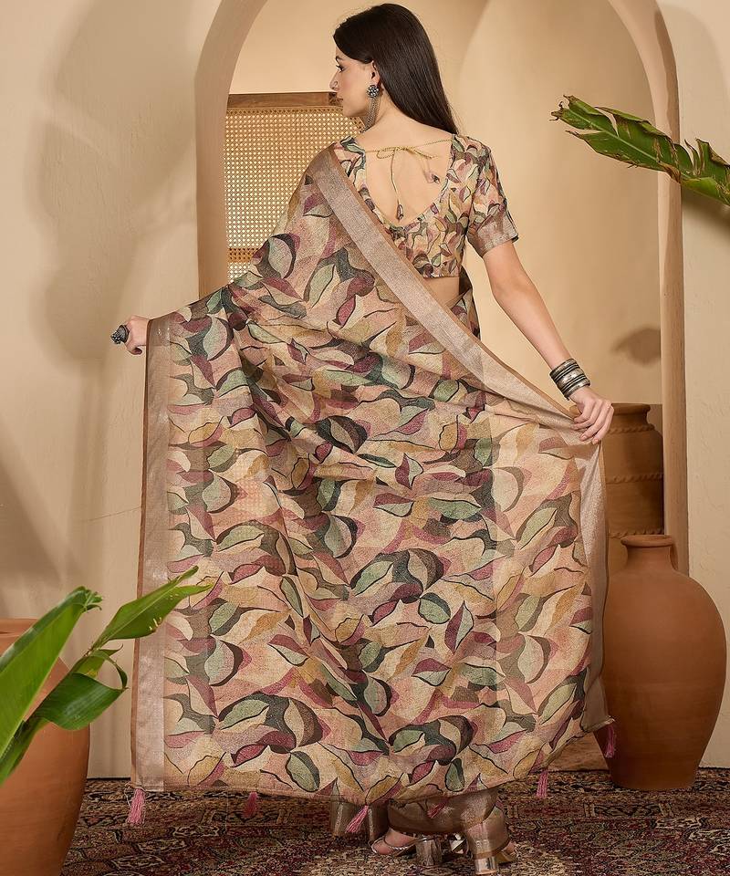 Beige leaf print linen zari saree with belt fancy digital print zari border festive casual saree