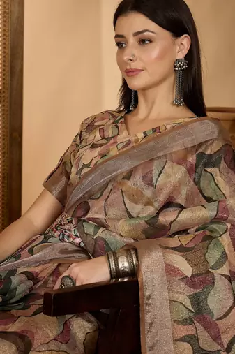 Beige leaf print linen zari saree with belt fancy digital print zari border festive casual saree