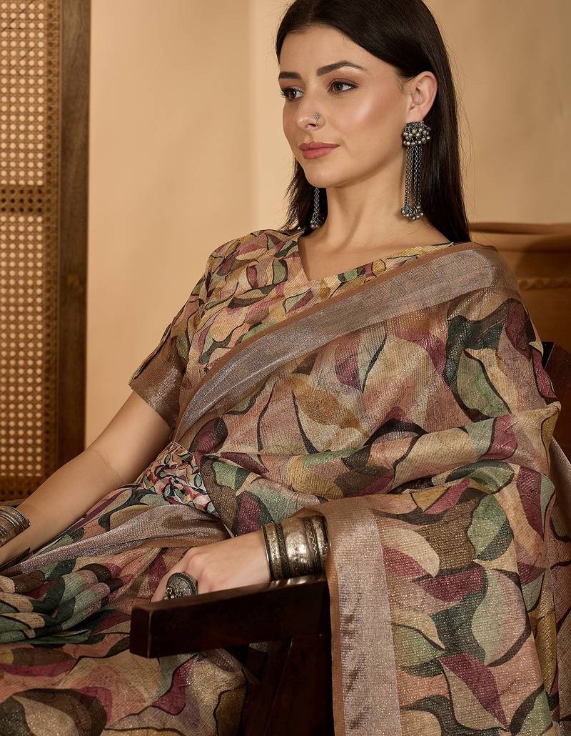 Beige leaf print linen zari saree with belt fancy digital print zari border festive casual saree