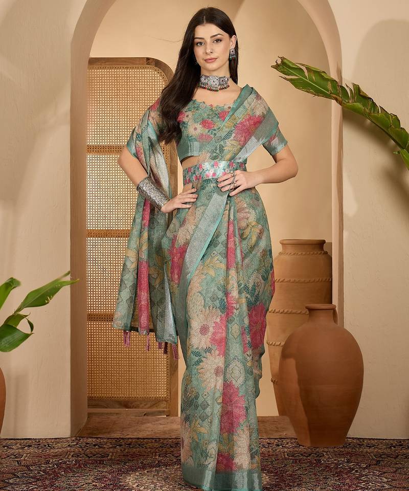 Mint green floral print linen zari saree with belt digital print zari border designer saree