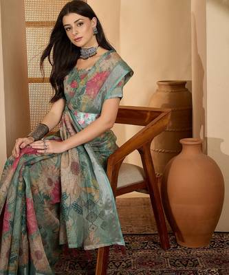 Mint green floral print linen zari saree with belt digital print zari border designer saree 2